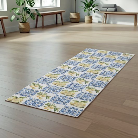 Tapis De Yoga Blue Tile French Country Lemon Pattern