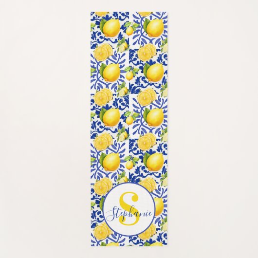 Tapis De Yoga Blue White Lemon Tile Pattern Name Monogram Citrus (Devant)