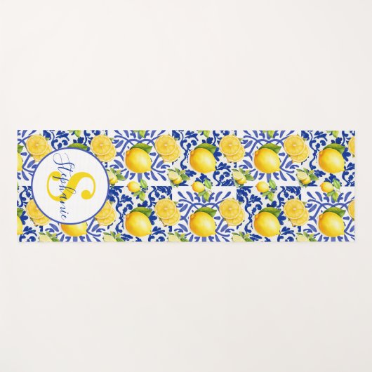 Tapis De Yoga Blue White Lemon Tile Pattern Name Monogram Citrus (Devant (Horizontal))