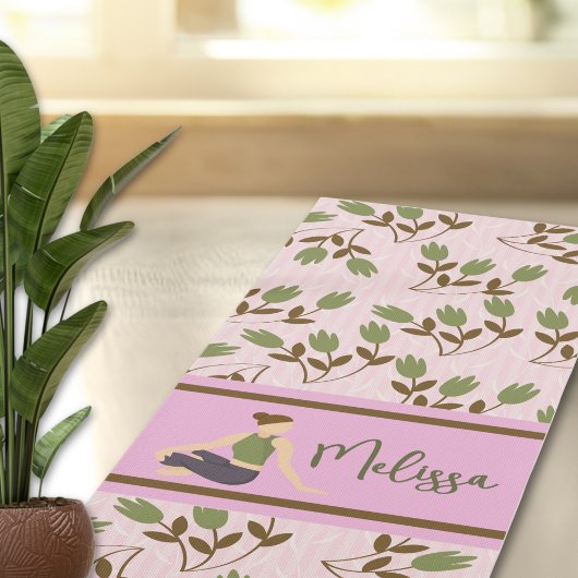 Tapis De Yoga Boho Abstrait vert rose motif floral