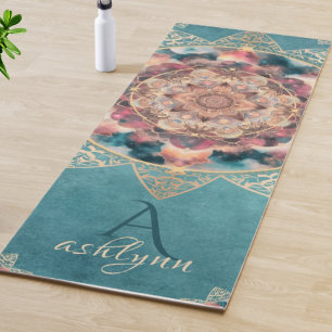 Tapis De Yoga Boho Aquarelle Nebula Gold Flower Mandala Yogi