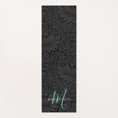 Tapis De Yoga Boho Black Botanical Turquoise Nom du monogramme (Devant)