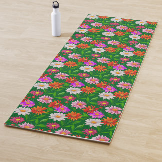 Tapis De Yoga Boho Chic Multicolor Flowers with Leaves on Green