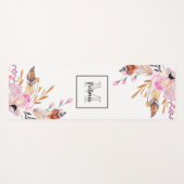 Tapis De Yoga Boho flores plumes blanc rose girly monogrammé (Devant (Horizontal))