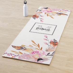 Tapis De Yoga Boho flores plumes blanc rose girly monogrammé