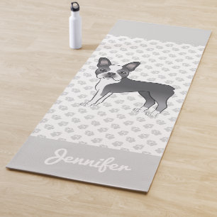 Tapis De Yoga Boston Terrier de dessin animé bleu et blanc & nom