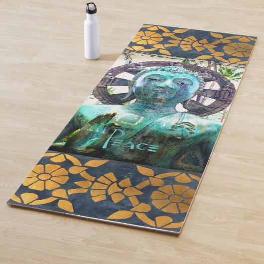 Tapis De Yoga Bouddha Turquoise Photo Or Mosaic Paix Script (En situation)