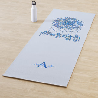 Tapis De Yoga Bouddhisme Mantra Mani En Bleu Avec Mandala