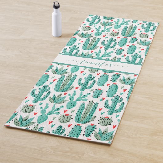 Tapis De Yoga Cactus vert blanc motif monogramme (En situation)