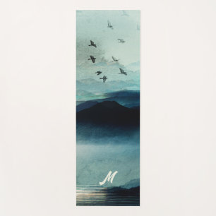 Tapis De Yoga Calme Nature Aquarelle Montagne Scène Monogramme
