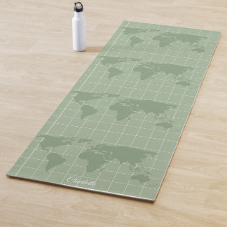 Tapis De Yoga Carte du monde verte sauge élégante Nom personnali