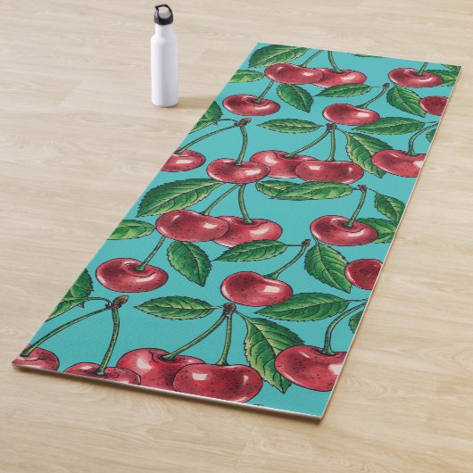 Tapis De Yoga Cerises rouges sur turquoise (En situation)