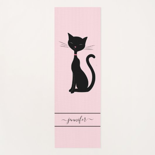 Tapis De Yoga Chic Chat Noir Nom Personnalisé Rose (Devant)