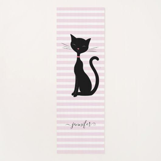 Tapis De Yoga Chic Chat Noir Nom Personnalisé Rose strié (Devant)