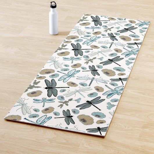 Tapis De Yoga Chic Stylish Dragonfly Flowers Blues Grey