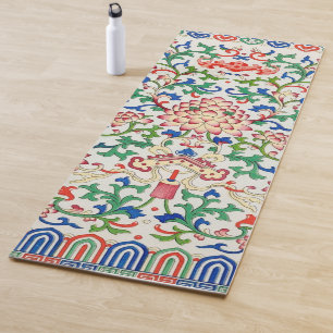 Tapis De Yoga Chine rétro Lotus Botanique sur Chinoiserie blanch