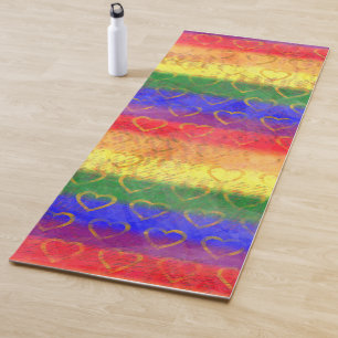 Tapis De Yoga Coeurs d'or, couleurs Gay pride arc-en-ciel brilla