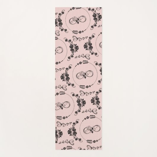 Tapis De Yoga Coeurs noirs simples, Floral, Infinité sur rose | (Devant)