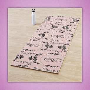 Tapis De Yoga Coeurs noirs simples, Floral, Infinité sur rose