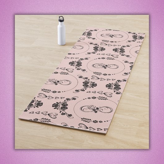 Tapis De Yoga Coeurs noirs simples, Floral, Infinité sur rose |