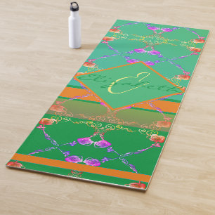 Tapis De Yoga Coeurs roses sur Turquoise et Apricot