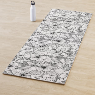 Tapis De Yoga Colibris et fleurs d'hibiscus b&w