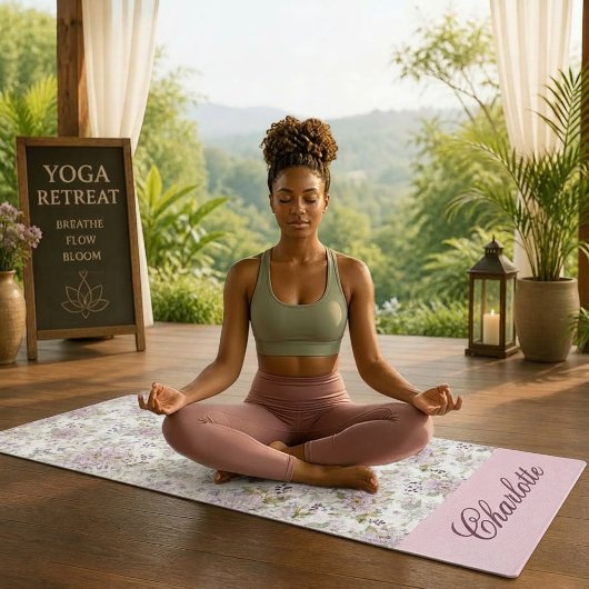 Tapis De Yoga Conception de monogramme de sérénité florale de fl