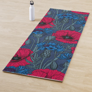 Tapis De Yoga Coquelicots rouges et fleurs bleues sur bleu