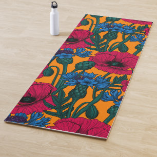 Tapis De Yoga Coquelicots rouges et fleurs bleues sur orange