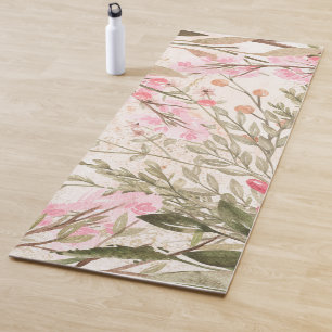 Tapis De Yoga Corail rose pâle forêt vert aquarelle florale