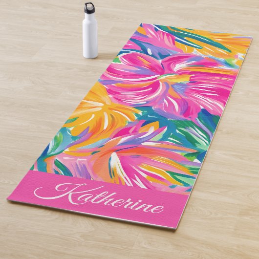 Tapis De Yoga Couleur Tropicale Florale Script Nom Frais (En situation)