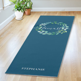 Tapis De Yoga Couronne florale à monogramme bleu marine