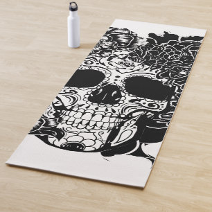 Tapis De Yoga Crâne à sucre avec fleurs en noir et blanc