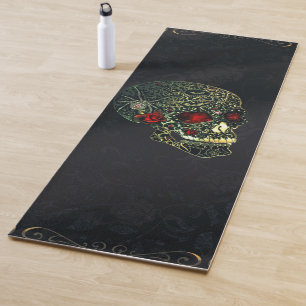 Tapis De Yoga Crâne de araignée orné de bijoux et roses filigran