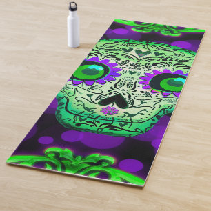 Tapis De Yoga Crâne de sucre lumineux fantaisiste vert et violet
