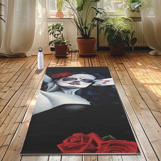 Tapis De Yoga Crâne sucre Roses rouges Noir