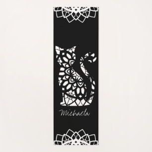 Tapis De Yoga Cute Cat Mandala Nom Girly Black Personnalisable