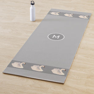 Tapis De Yoga Cygnes élégants et monogramme sur gris argent clai