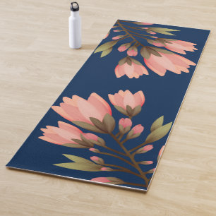 Tapis de yoga de fleurs romantiques vertes et rose