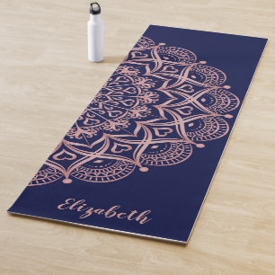 Tapis De Yoga Elégant bleu marine et or Rose Mandala