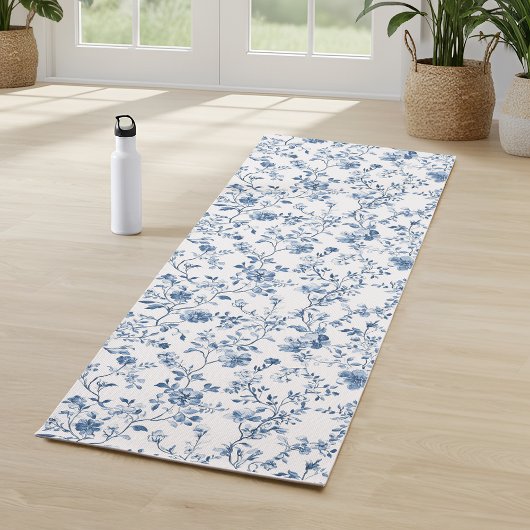 Tapis De Yoga Elegant Blue Floral Toile Botanical Pattern 