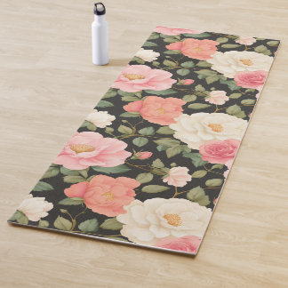 Tapis De Yoga Élégant floral noir floral Pastel rose Roses ivoir
