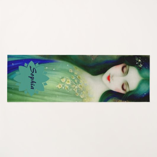 Tapis De Yoga Élégant Imaginaire Portrait femme en vert et bleu (Devant (Horizontal))