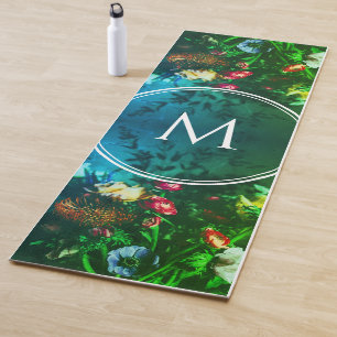Tapis De Yoga Élégant Monogramme VERT Bouquet Floral
