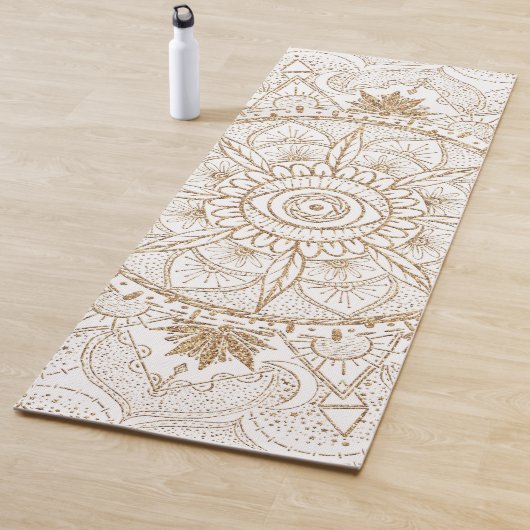 Tapis De Yoga Elégant or Oeil Soleil Lune Mandala Blanc (En situation)