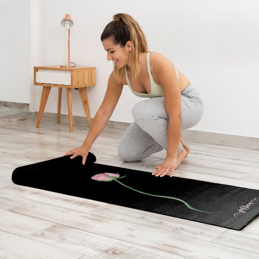 Tapis De Yoga Elegant Pink Rose on Black