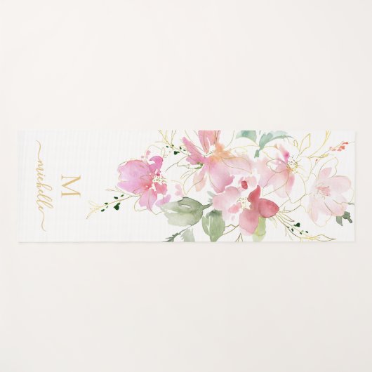 Tapis De Yoga Élégant rose floral or Script Monogramme (Devant (Horizontal))