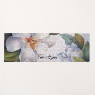 Tapis De Yoga Elégante aquarelle Blanc Magnolia Flower Votre nom
