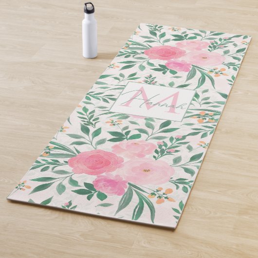 Tapis De Yoga Elégante Fleurs Roses Blanches Aquarelle Florale (En situation)