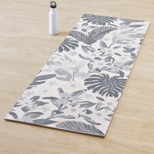 Tapis De Yoga Feuillage gris tropical Motif blanc floral (En situation)